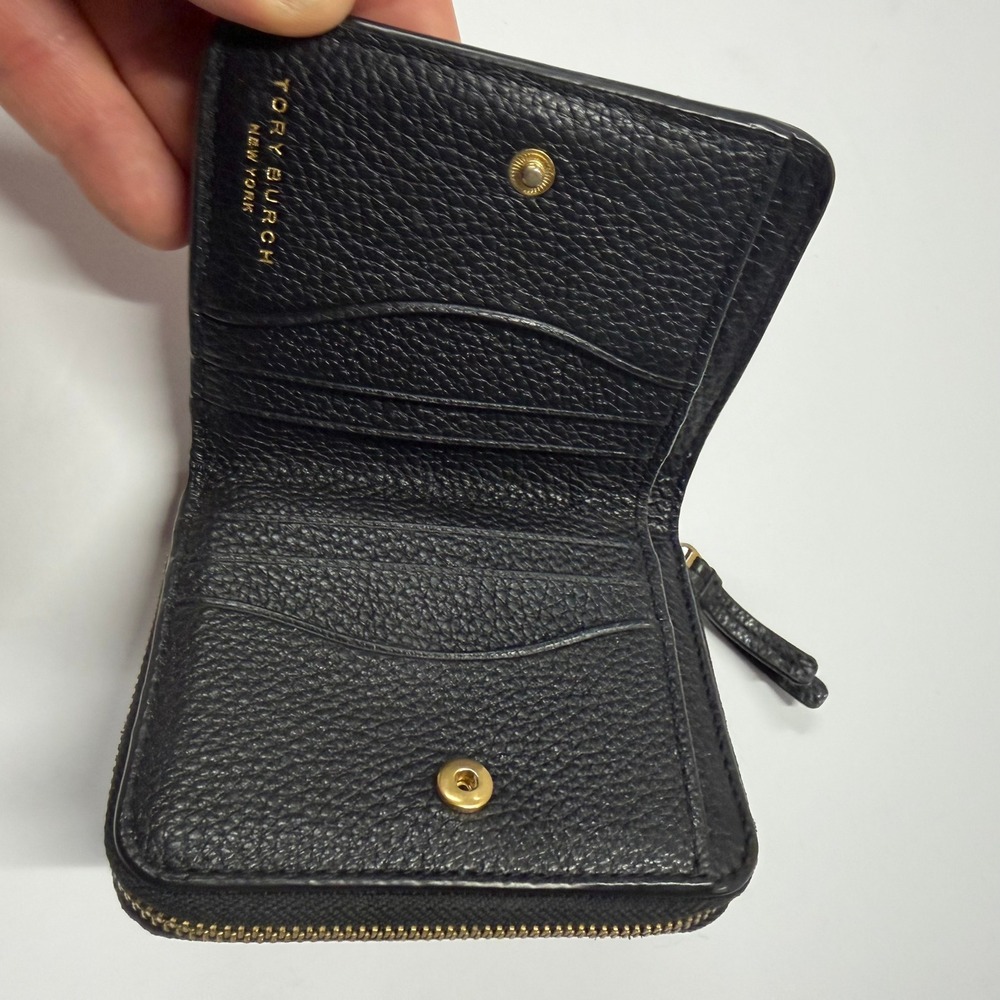 Tory Burch McGraw Bi-Fold Wallet Black Pebbled Leather Double T Logo Mini Wallet - Picture 3 of 5